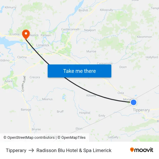 Tipperary to Radisson Blu Hotel & Spa  Limerick map