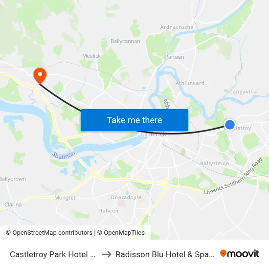 Castletroy Park Hotel Limerick to Radisson Blu Hotel & Spa  Limerick map