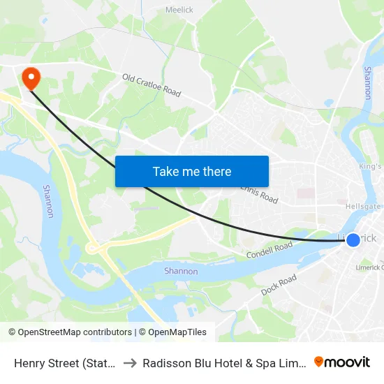 Henry Street (Station) to Radisson Blu Hotel & Spa  Limerick map