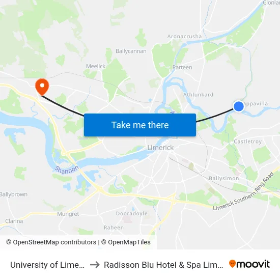 University of Limerick to Radisson Blu Hotel & Spa  Limerick map