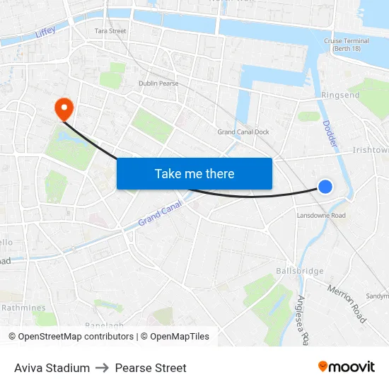 Aviva Stadium to Pearse Street map