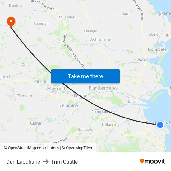 Dún Laoghaire to Trim Castle map