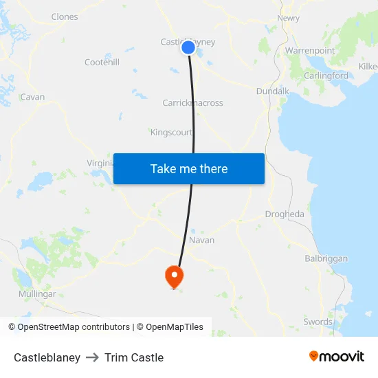 Castleblaney to Trim Castle map