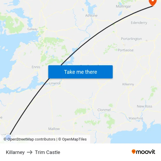 Killarney to Trim Castle map