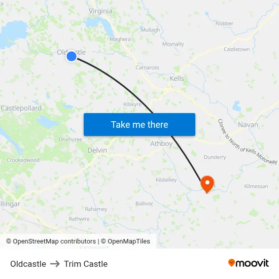 Oldcastle to Trim Castle map