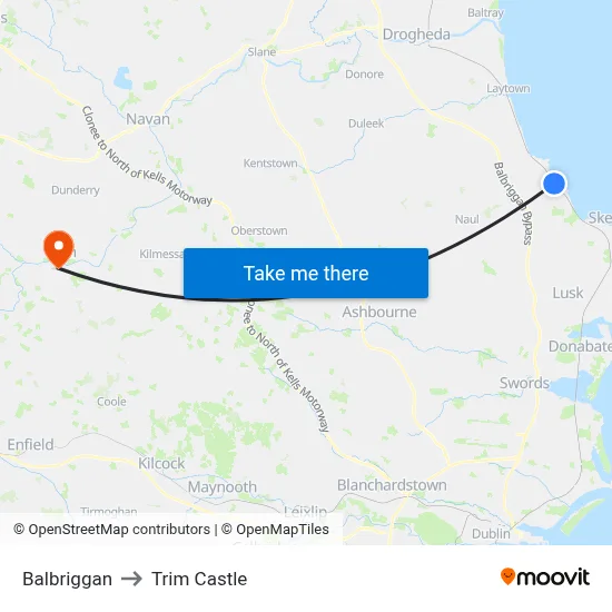 Balbriggan to Trim Castle map