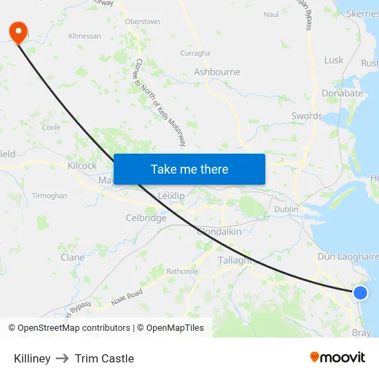 Killiney to Trim Castle map