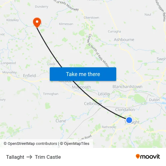 Tallaght to Trim Castle map
