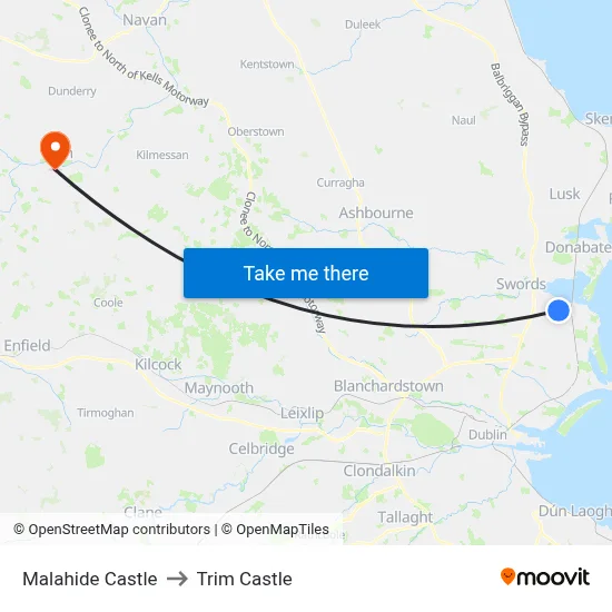 Malahide Castle to Trim Castle map