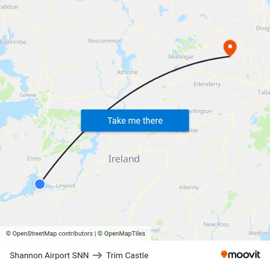 Shannon Airport SNN to Trim Castle map