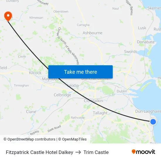 Fitzpatrick Castle Hotel Dalkey to Trim Castle map