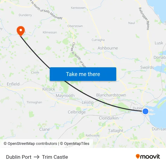 Dublin Port to Trim Castle map