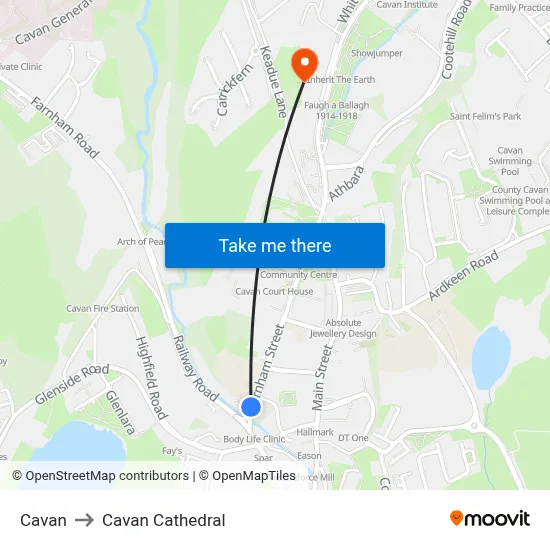 Cavan to Cavan Cathedral map