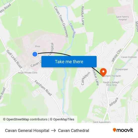 Cavan General Hospital to Cavan Cathedral map