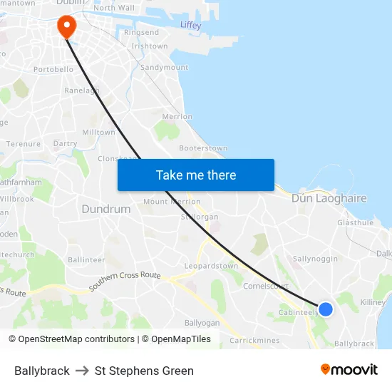 Ballybrack to St Stephens Green map