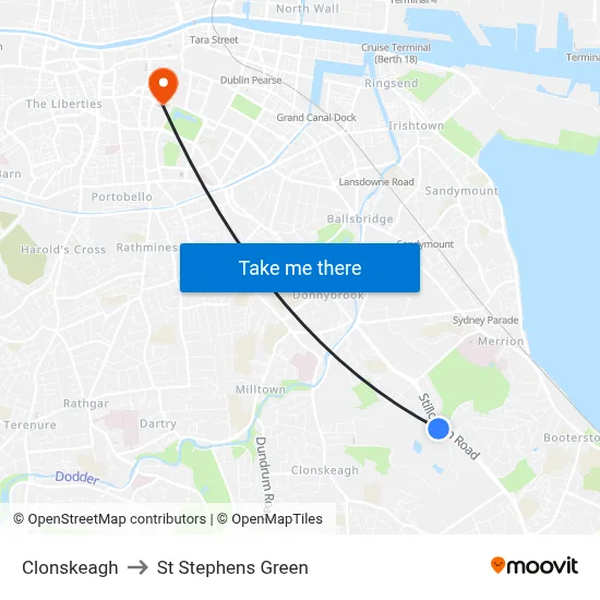 Clonskeagh to St Stephens Green map