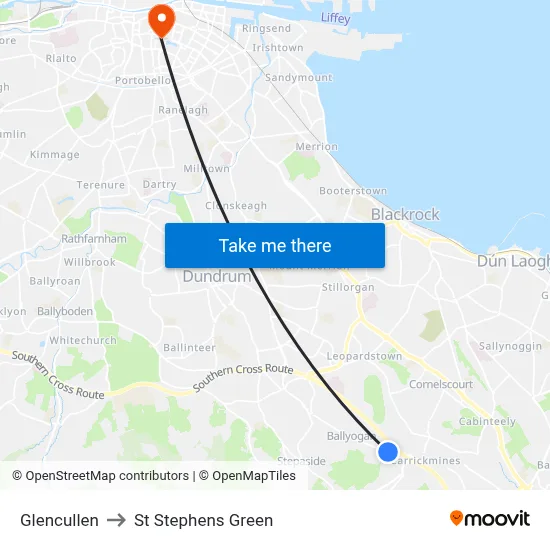 Glencullen to St Stephens Green map