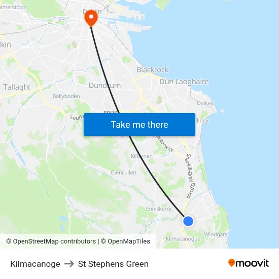 Kilmacanoge to St Stephens Green map