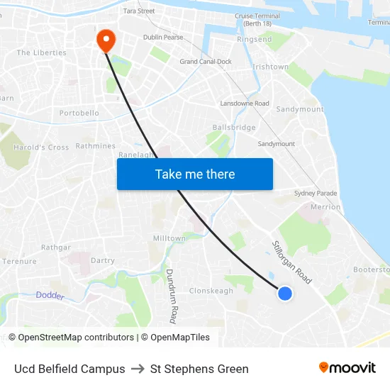 Ucd Belfield Campus to St Stephens Green map