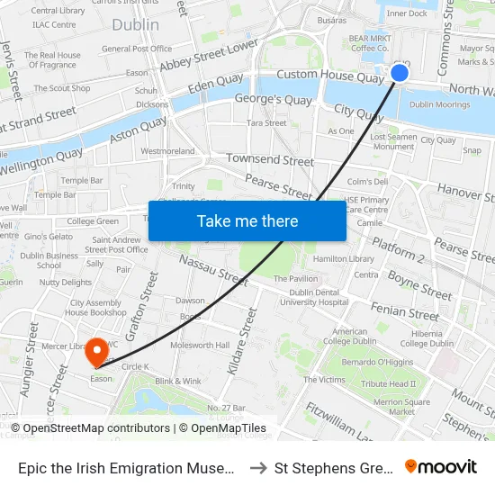 Epic the Irish Emigration Museum to St Stephens Green map