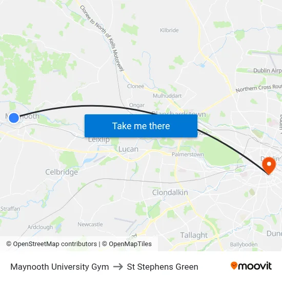 Maynooth University Gym to St Stephens Green map