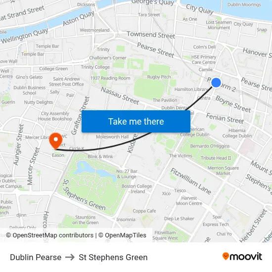 Dublin Pearse to St Stephens Green map