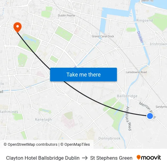 Clayton Hotel Ballsbridge Dublin to St Stephens Green map