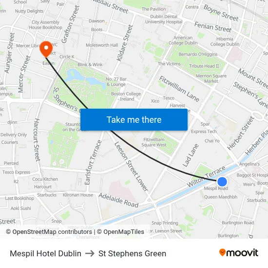 Mespil Hotel Dublin to St Stephens Green map