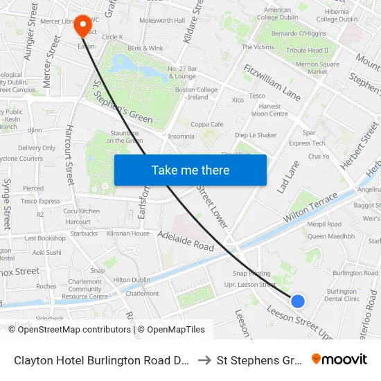 Clayton Hotel Burlington Road Dublin to St Stephens Green map