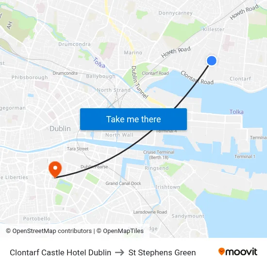 Clontarf Castle Hotel Dublin to St Stephens Green map