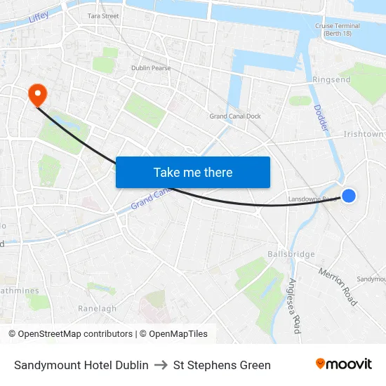 Sandymount Hotel Dublin to St Stephens Green map