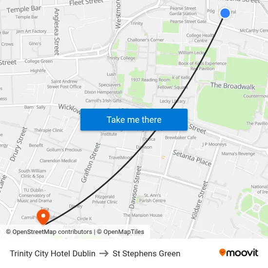 Trinity City Hotel Dublin to St Stephens Green map