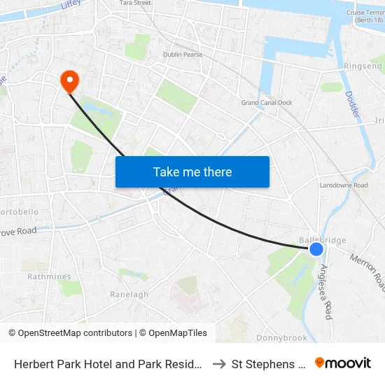 Herbert Park Hotel and Park Residence Dublin to St Stephens Green map