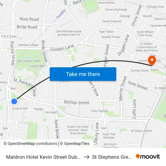 Maldron Hotel Kevin Street Dublin to St Stephens Green map