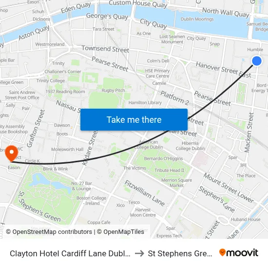 Clayton Hotel Cardiff Lane Dublin to St Stephens Green map