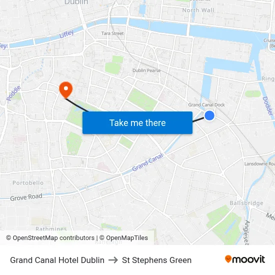 Grand Canal Hotel Dublin to St Stephens Green map