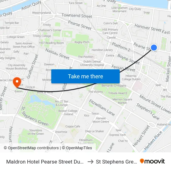 Maldron Hotel Pearse Street Dublin to St Stephens Green map