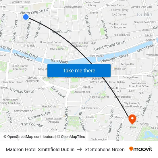 Maldron Hotel Smithfield Dublin to St Stephens Green map