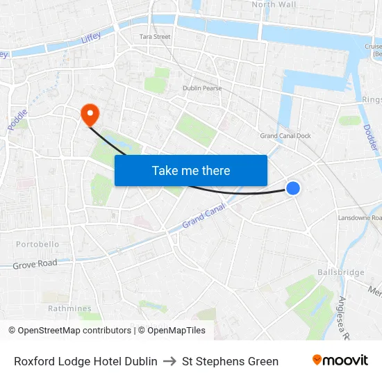 Roxford Lodge Hotel Dublin to St Stephens Green map