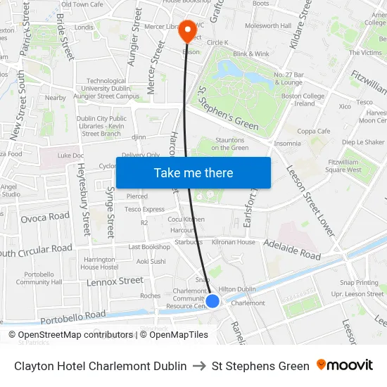 Clayton Hotel Charlemont Dublin to St Stephens Green map