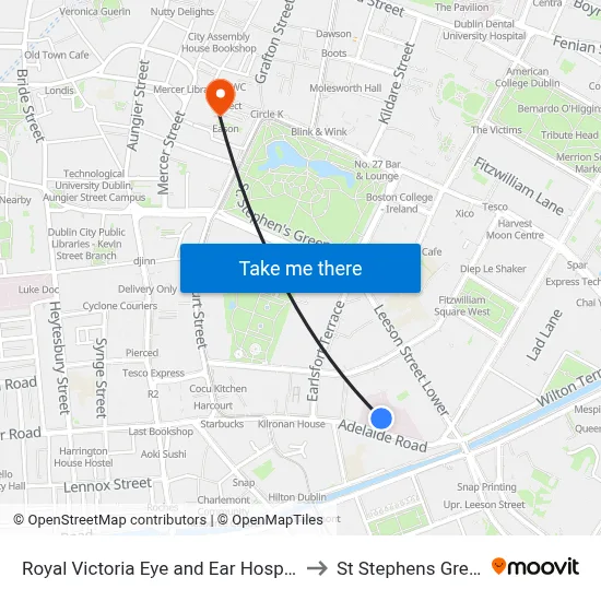 Royal Victoria Eye and Ear Hospital to St Stephens Green map