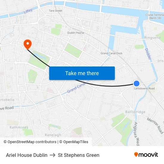 Ariel House Dublin to St Stephens Green map