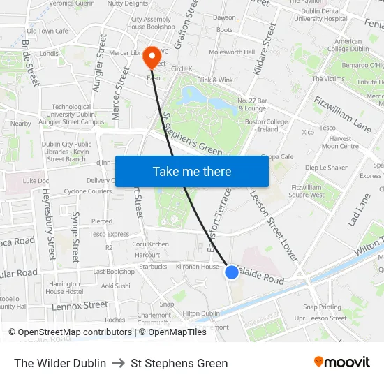The Wilder Dublin to St Stephens Green map
