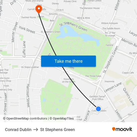 Conrad Dublin to St Stephens Green map