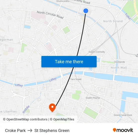 Croke Park to St Stephens Green map