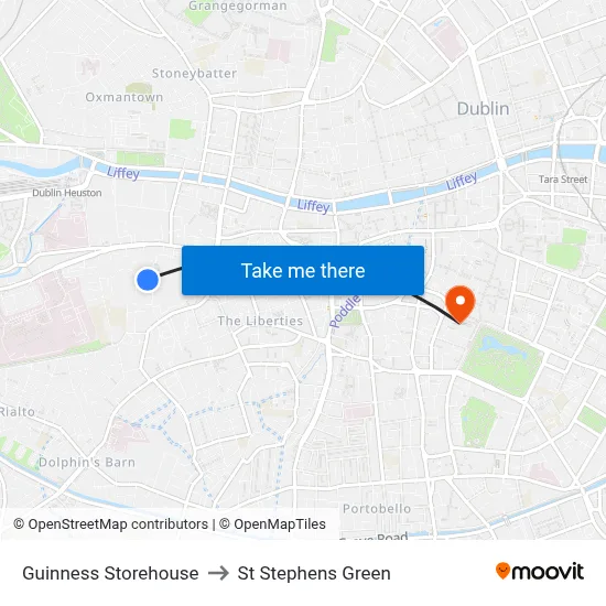 Guinness Storehouse to St Stephens Green map