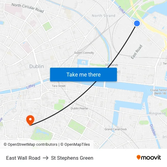 East Wall Road to St Stephens Green map