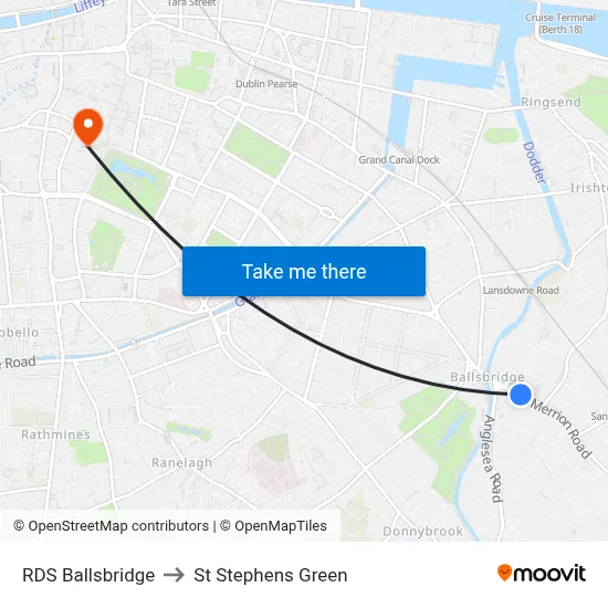 RDS Ballsbridge to St Stephens Green map