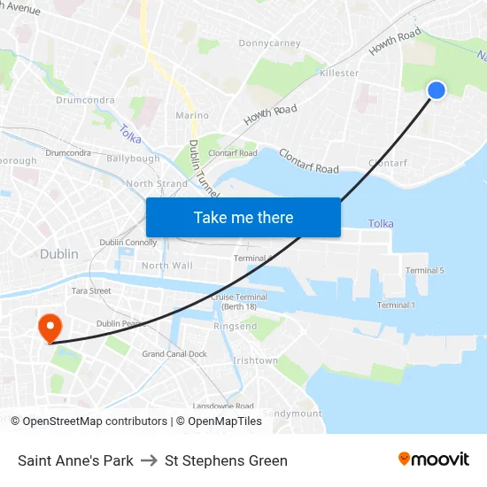 Saint Anne's Park to St Stephens Green map