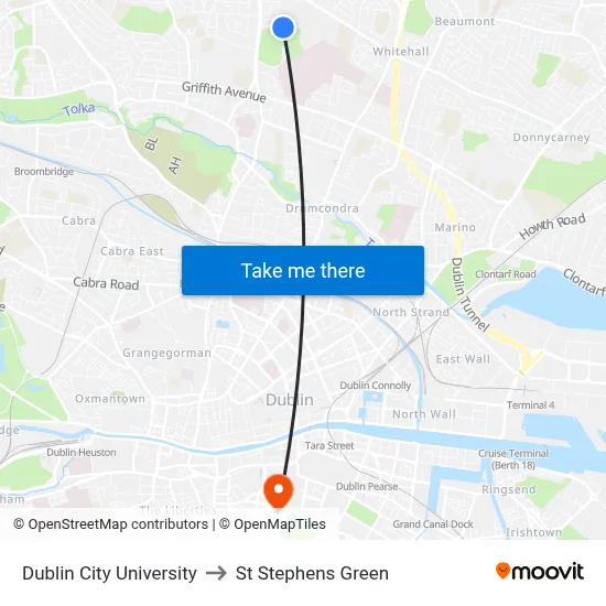 Dublin City University to St Stephens Green map